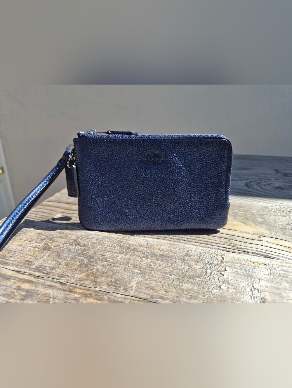 Coach Pebbled Leather Double Corner Zip Wristlet in Metallic Midnight Blue - Picture 2 of 11